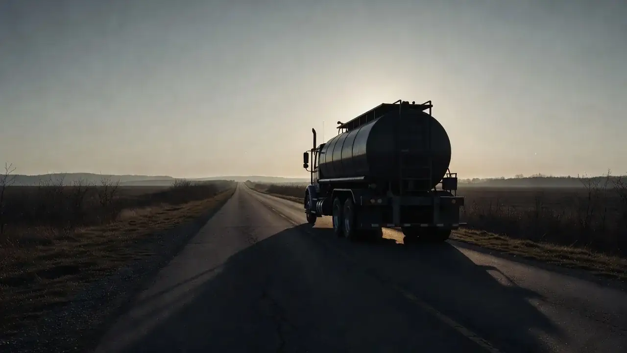 A septic vacuum tanker on a quiet rural road in northern New Jersey at dawn