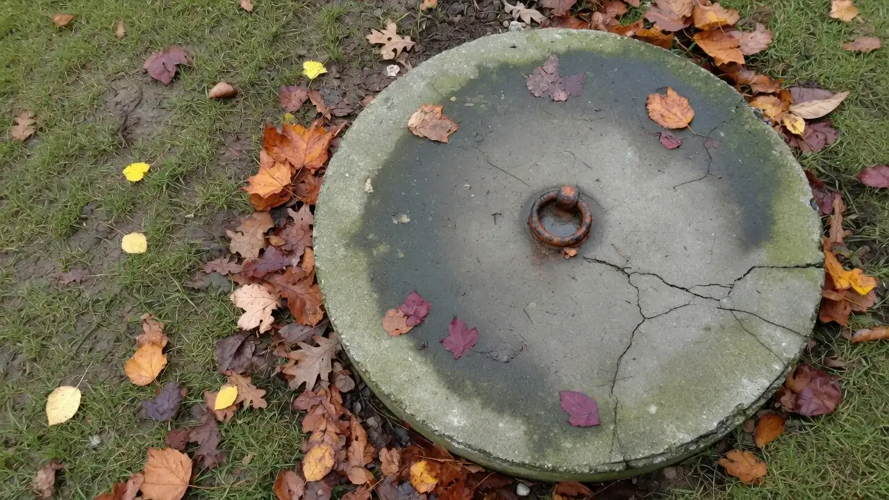 A weathered septic tank lid among autumn leaves