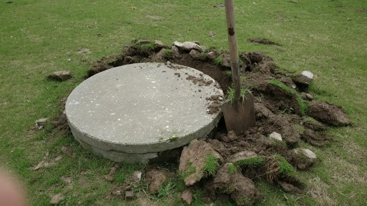 A concrete septic tank lid partly uncovered in a lawn