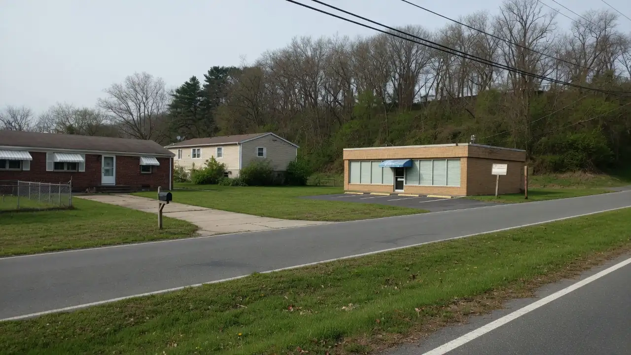 A township road where homes meet a small commercial building in Montville Township, New Jersey