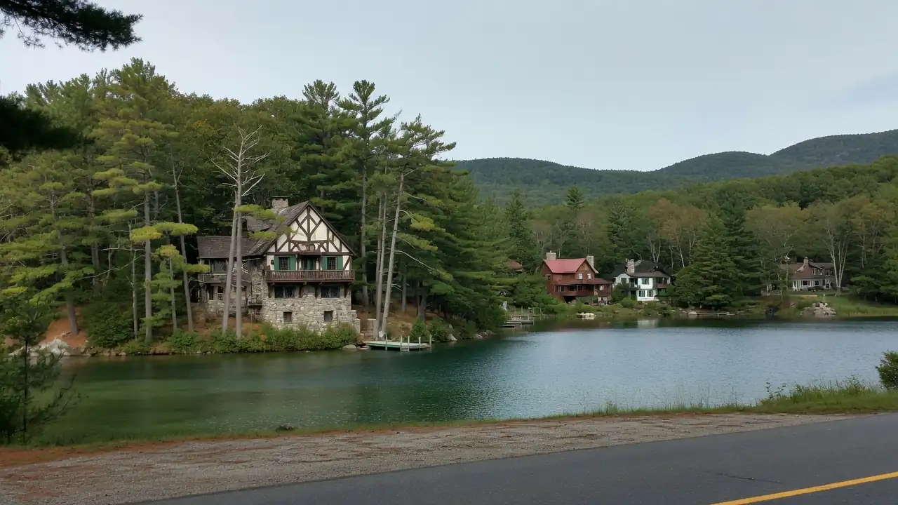 A lakeside home among pines on a Highlands lake in the Sparta area of Sussex County, New Jersey