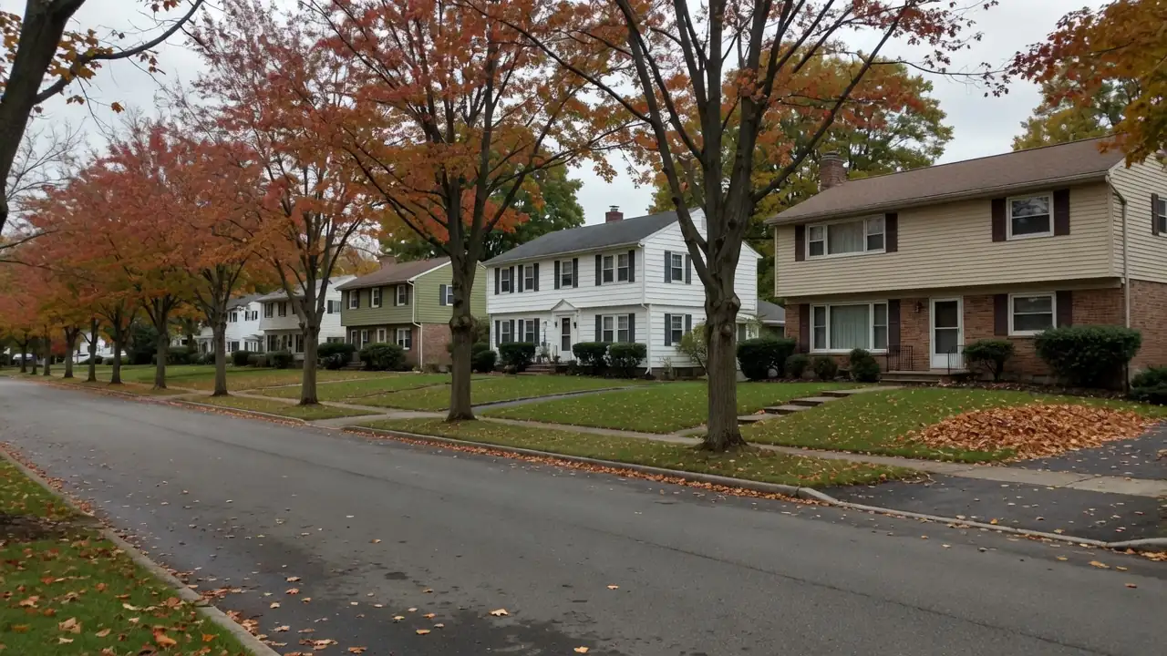 A suburban street of split-level and colonial homes with mature trees in Succasunna, New Jersey