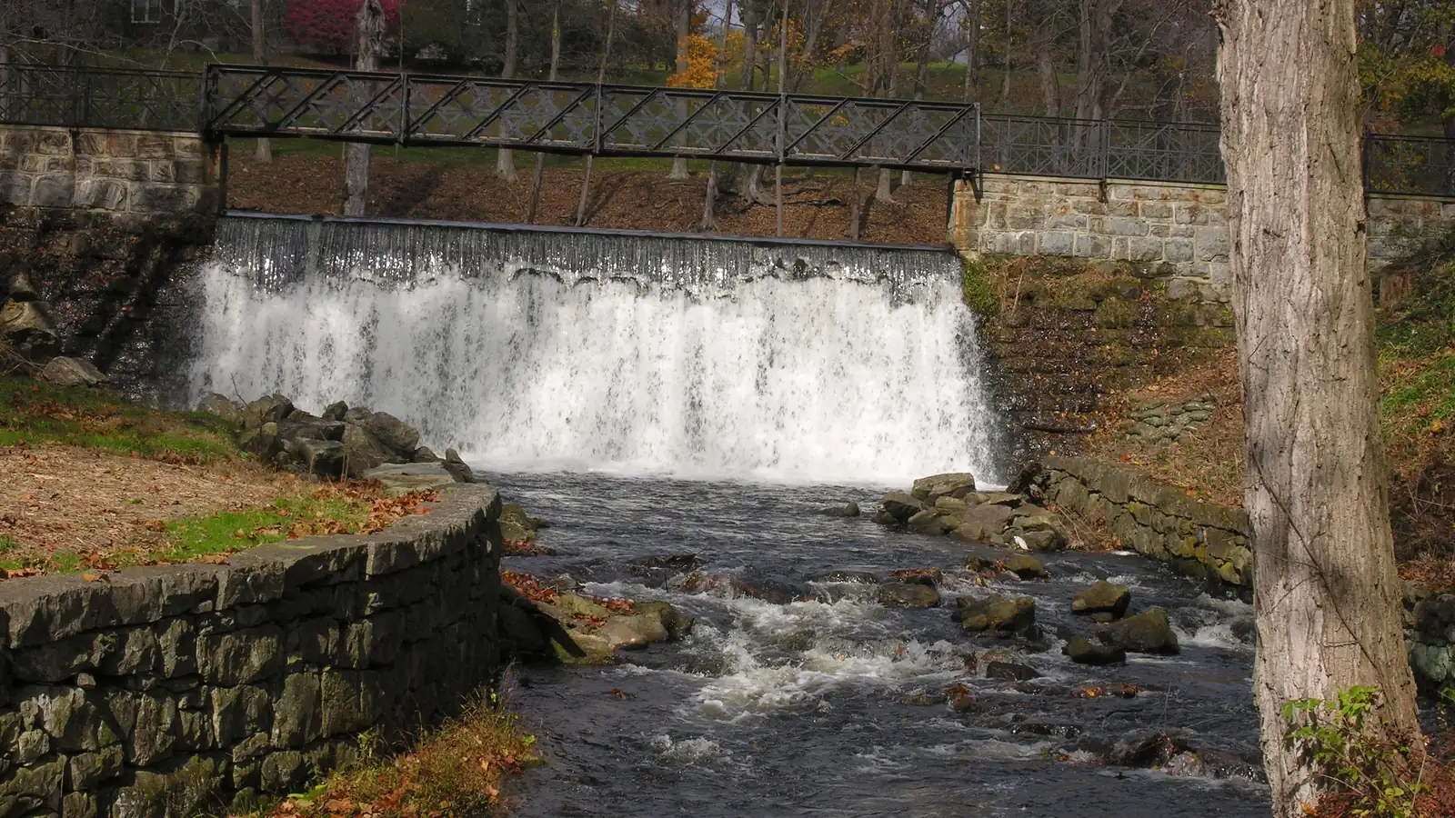 The stone dam and spillway on the Paulins Kill in the centre of Blairstown, New Jersey