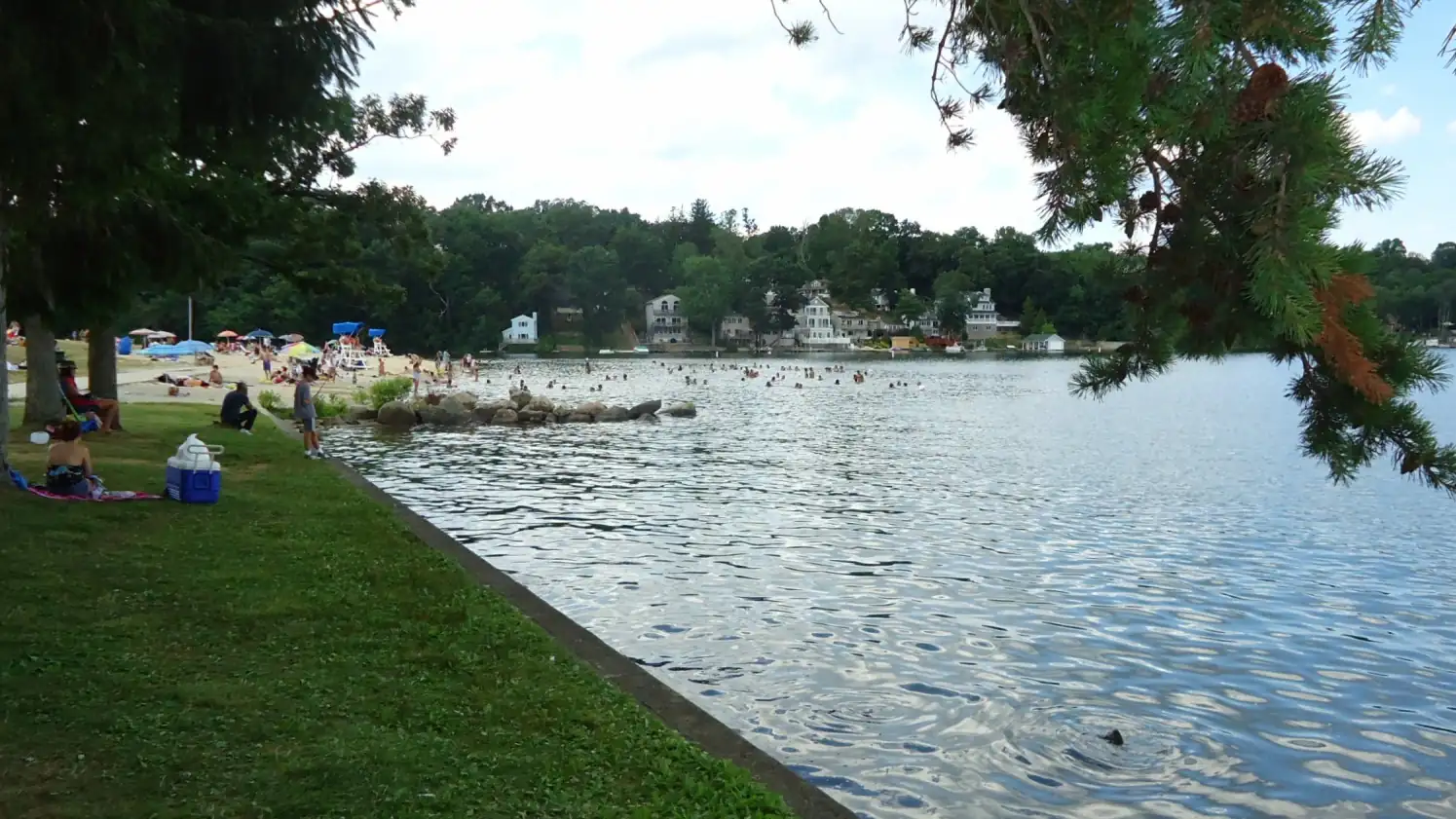Lake Hopatcong seen from the shoreline at Landing, New Jersey, with lakefront homes on the far shore